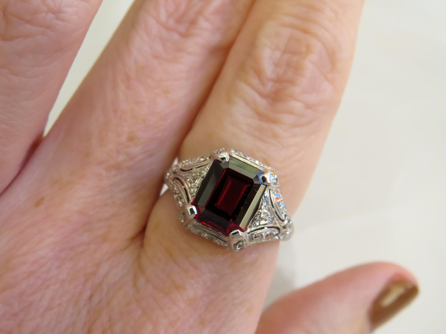 Art Deco Platinum Garnet & Diamond Ring