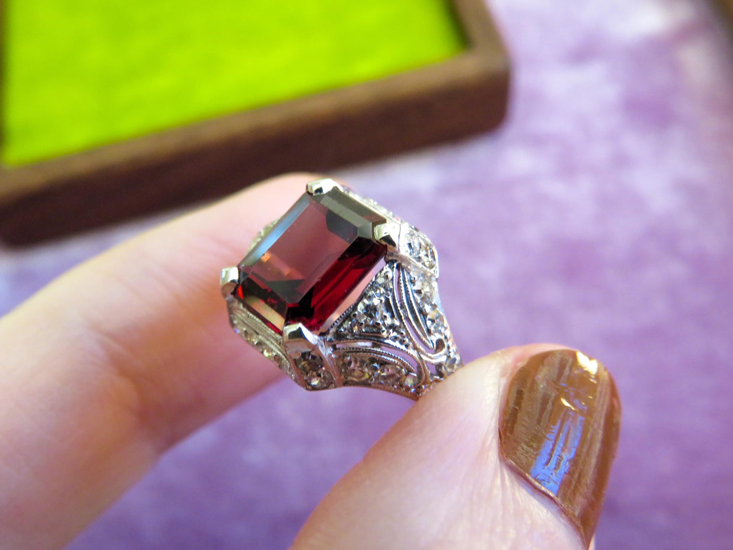 Art Deco Platinum Garnet & Diamond Ring