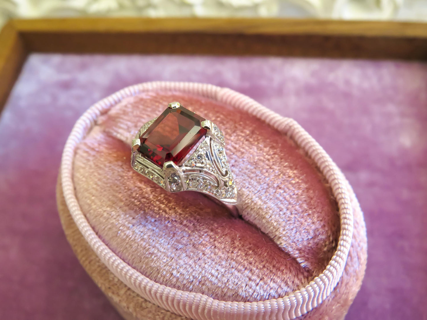 Art Deco Platinum Garnet & Diamond Ring
