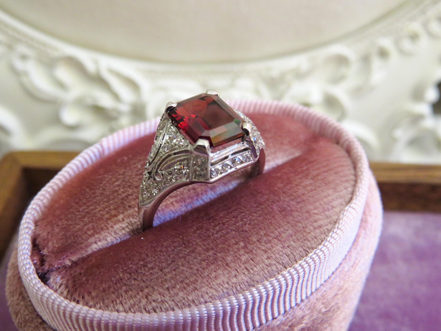 Art Deco Platinum Garnet & Diamond Ring