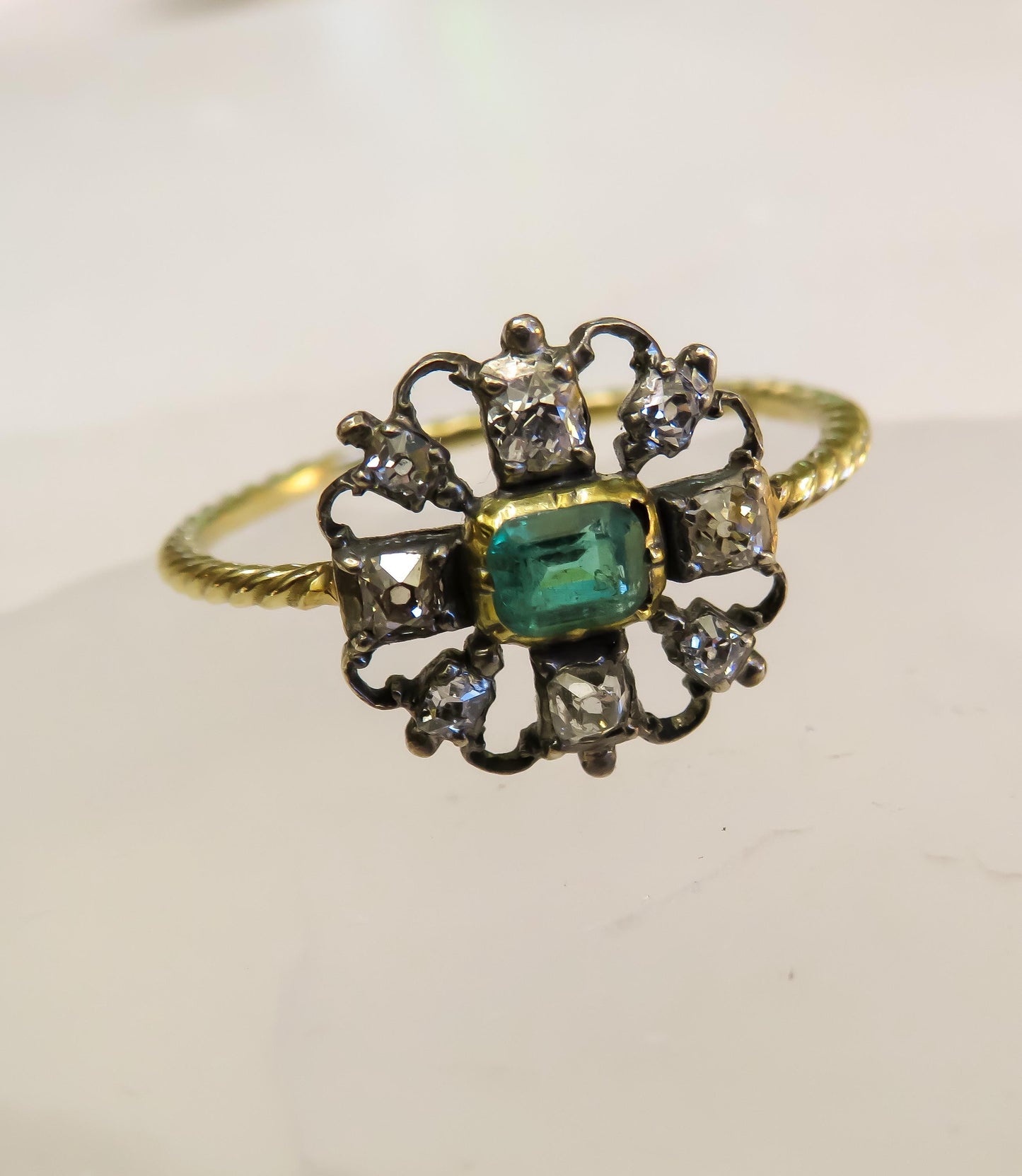 Victorian Emerald and Diamond Stickpin Conversion Ring in Rare Larger Size