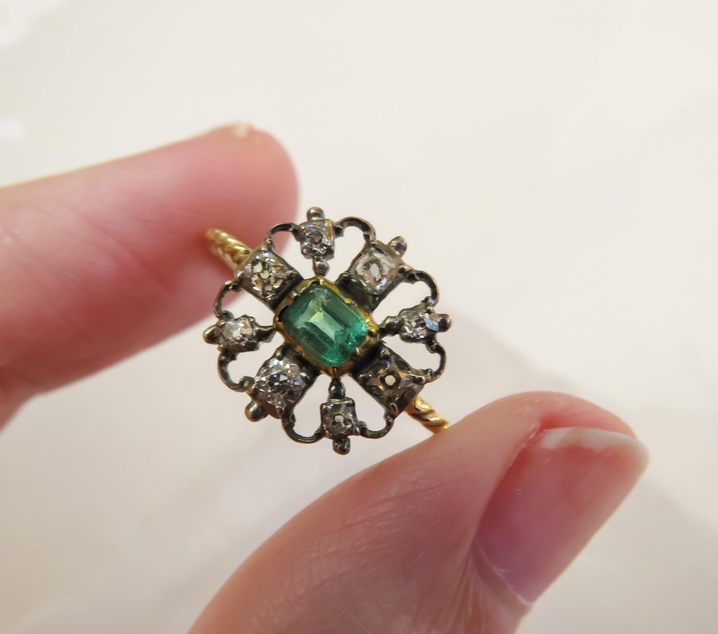 Victorian Emerald and Diamond Stickpin Conversion Ring in Rare Larger Size