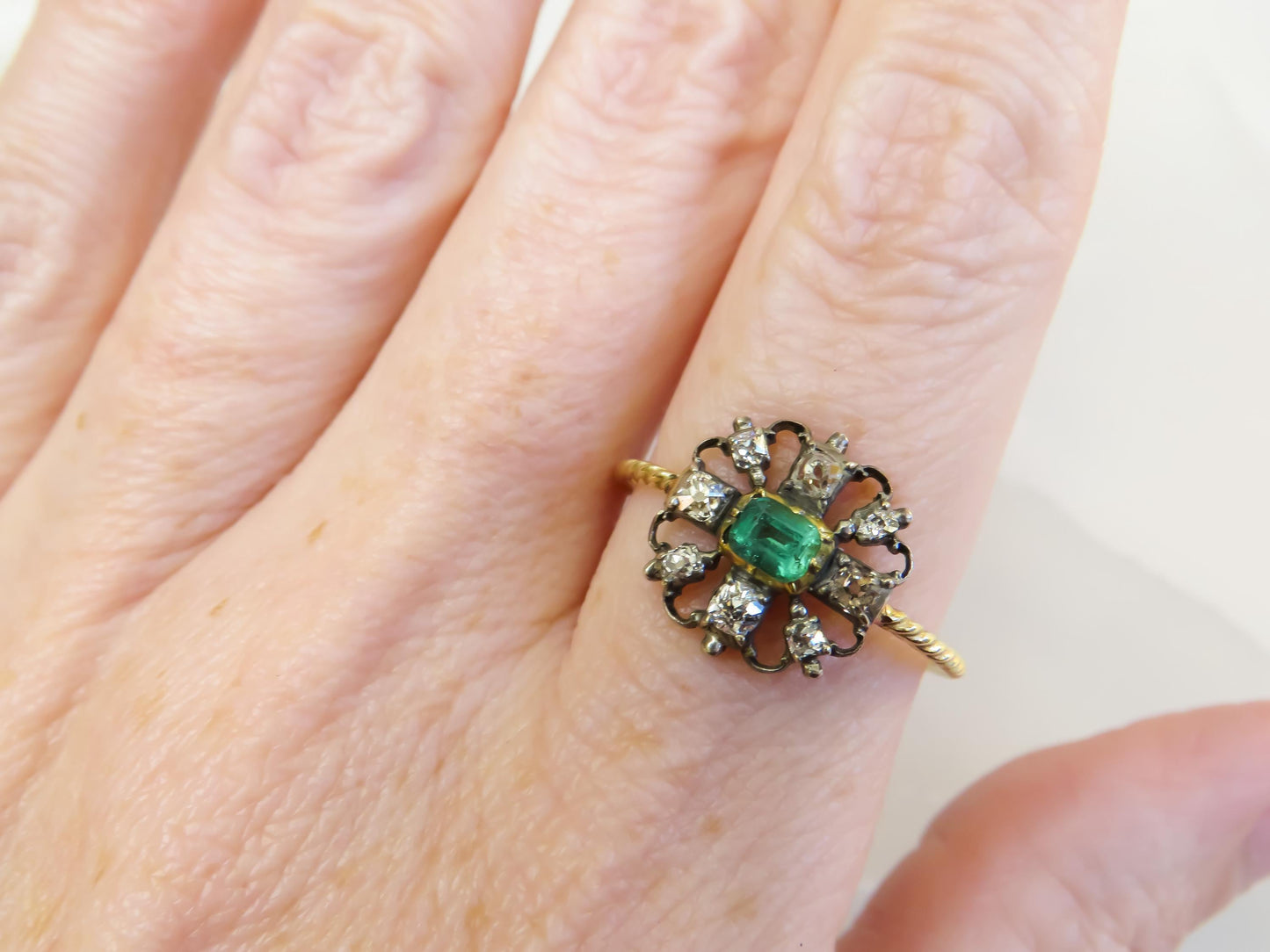 Victorian Emerald and Diamond Stickpin Conversion Ring in Rare Larger Size