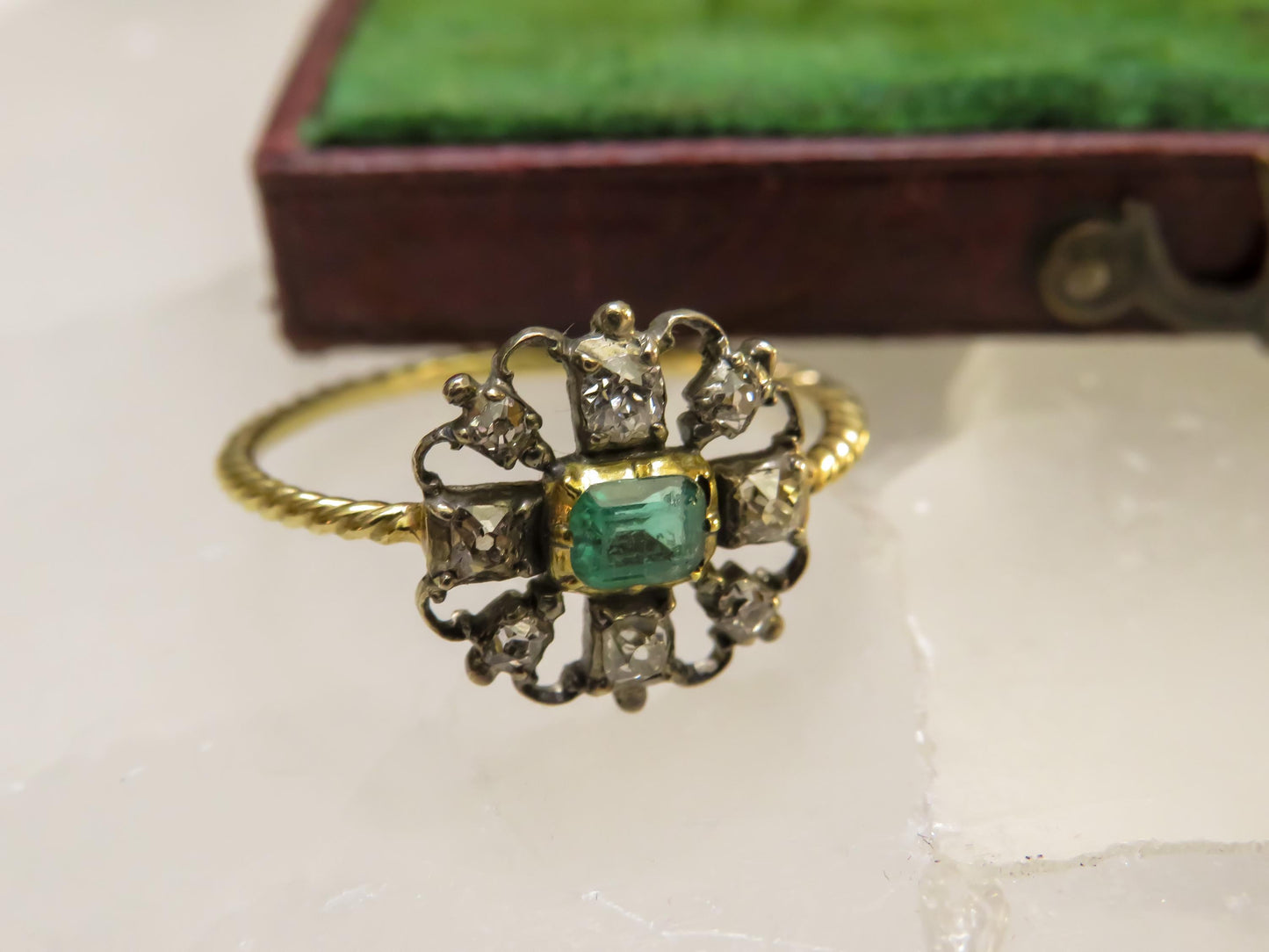 Victorian Emerald and Diamond Stickpin Conversion Ring in Rare Larger Size