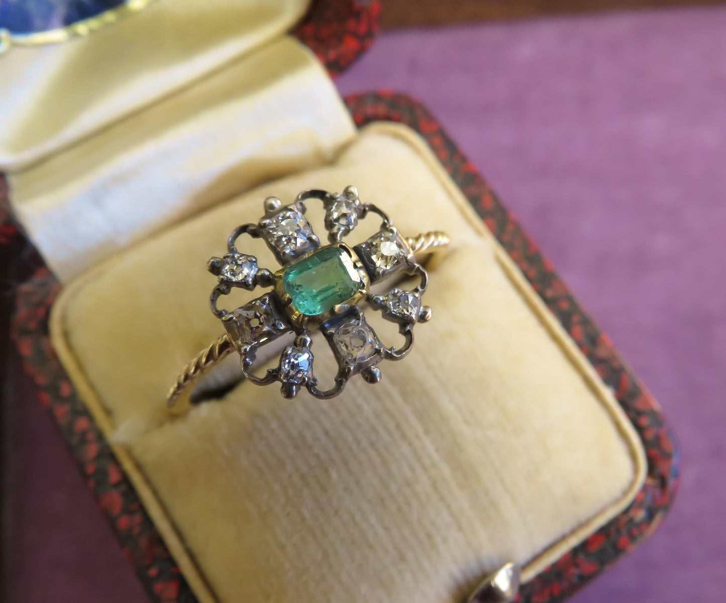 Victorian Emerald and Diamond Stickpin Conversion Ring in Rare Larger Size
