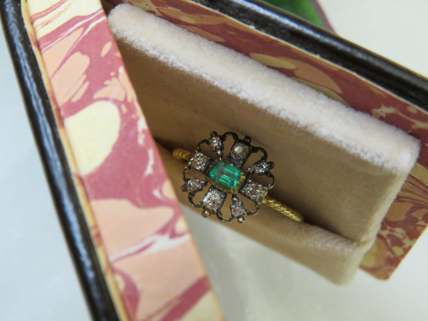Victorian Emerald and Diamond Stickpin Conversion Ring in Rare Larger Size