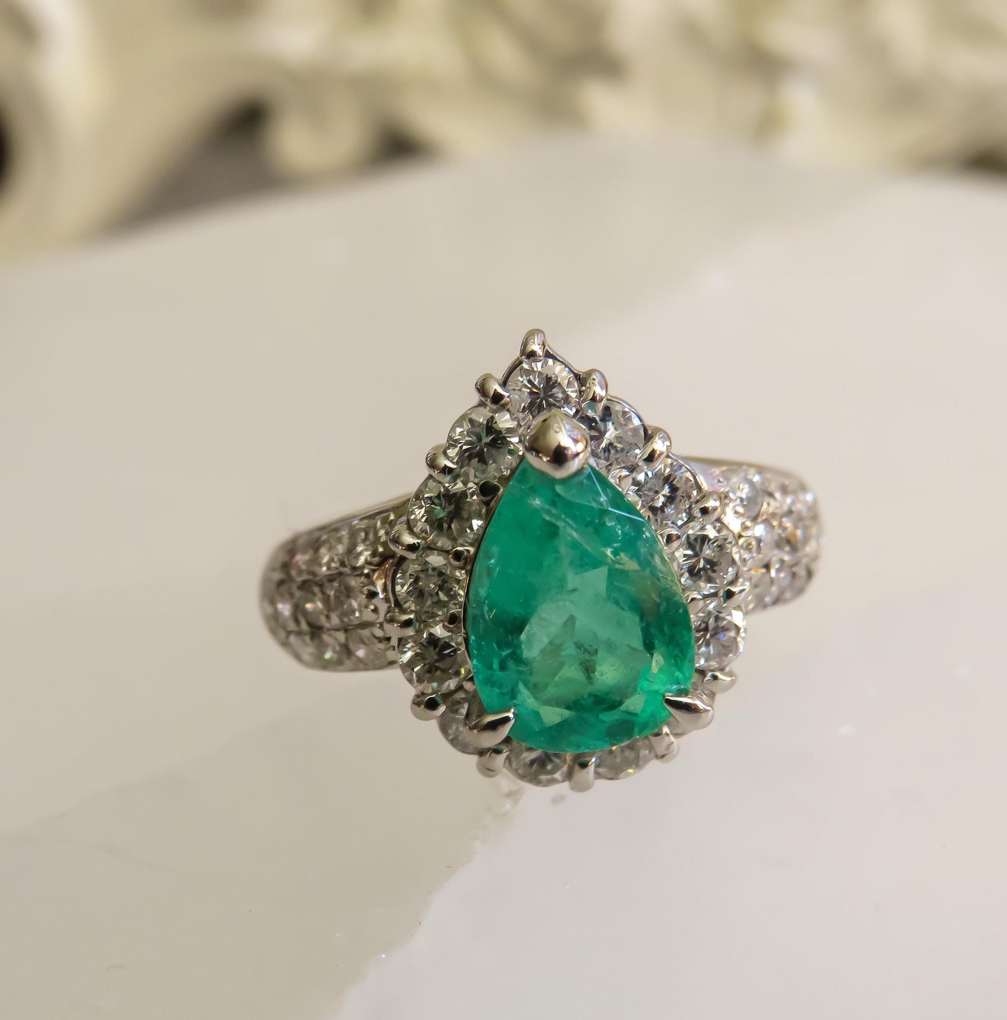 1.75ct Vintage Pear-Cut Emerald & Diamond Platinum Ring