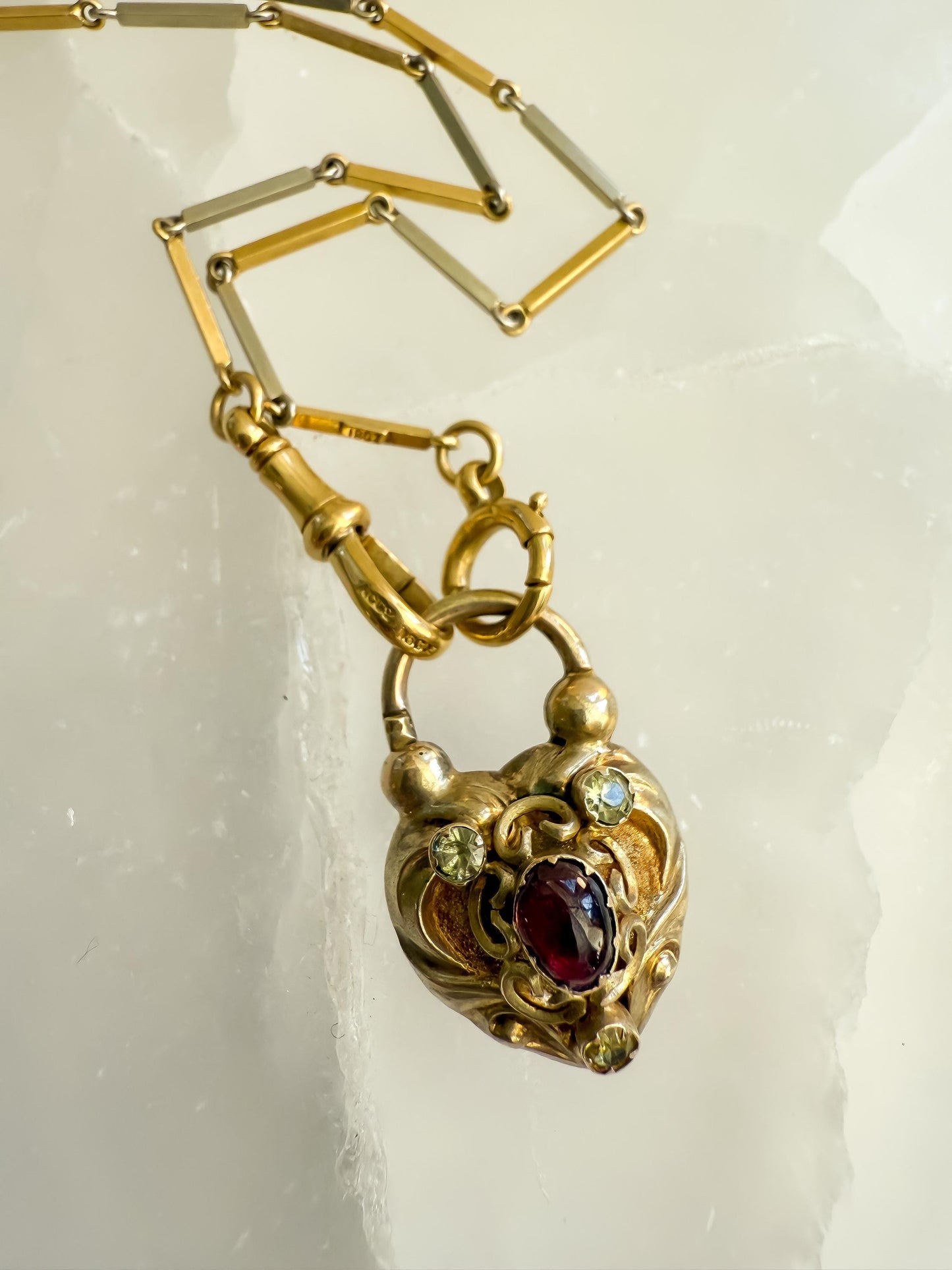 Antique 15K Gold Heart Padlock Locket with Garnet & Chrysoberyl Accents