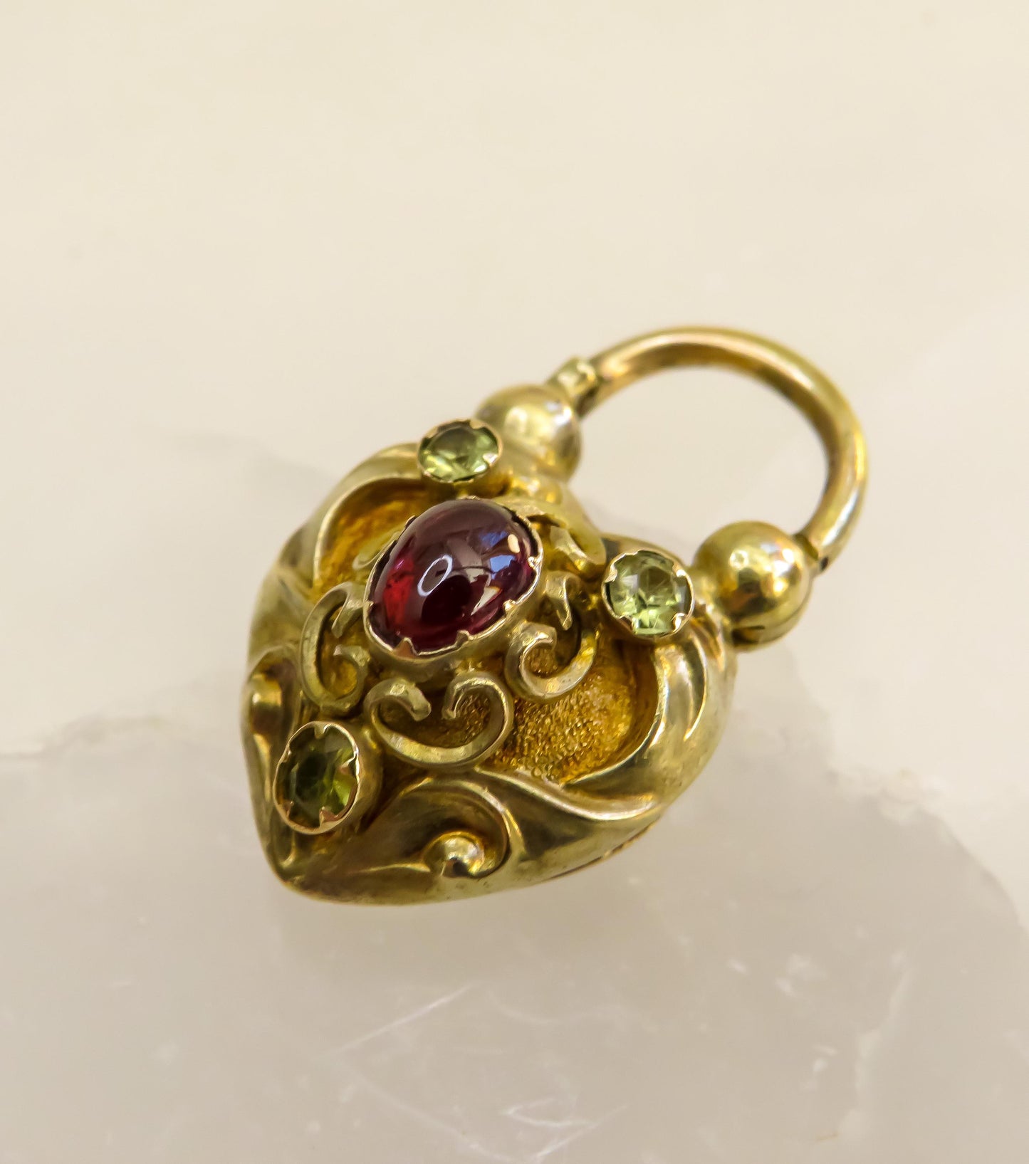 Antique 15K Gold Heart Padlock Locket with Garnet & Chrysoberyl Accents