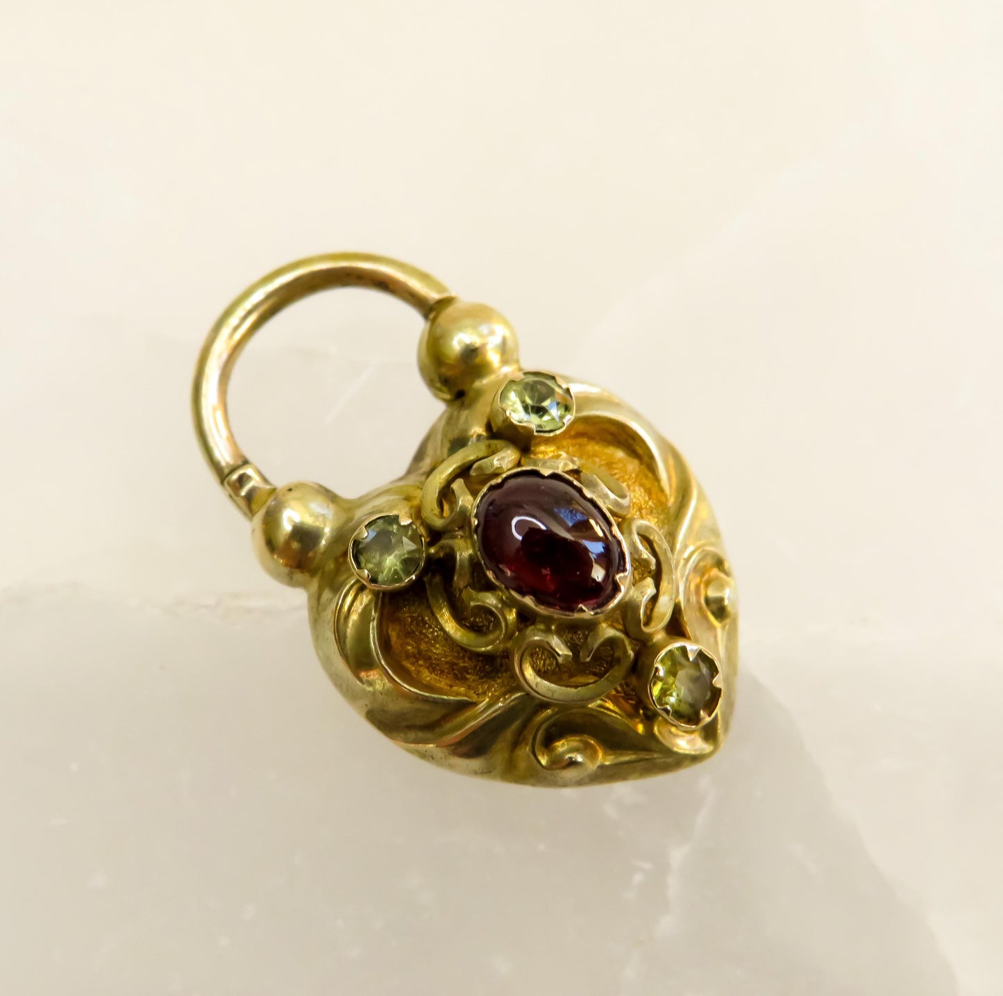 Antique 15K Gold Heart Padlock Locket with Garnet & Chrysoberyl Accents