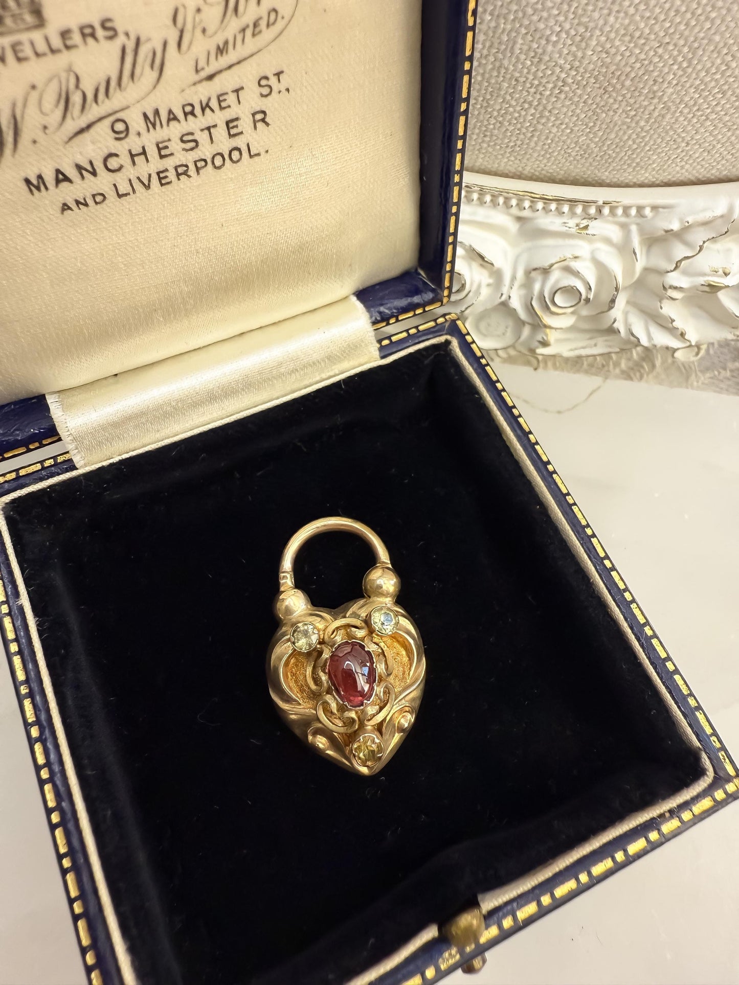 Antique 15K Gold Heart Padlock Locket with Garnet & Chrysoberyl Accents