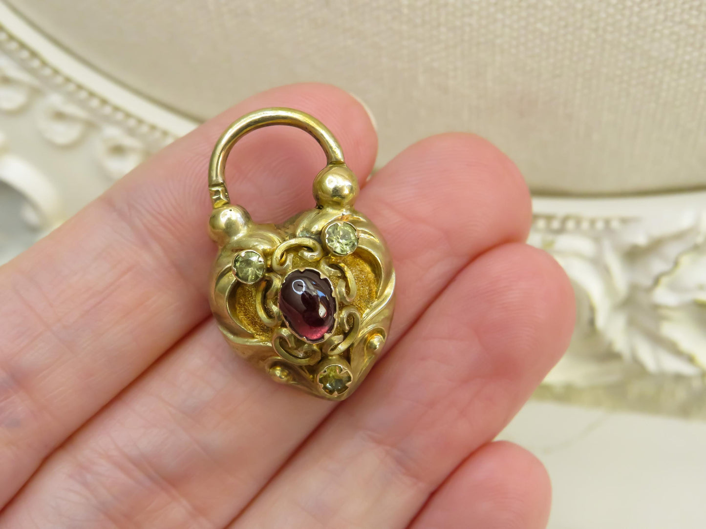 Antique 15K Gold Heart Padlock Locket with Garnet & Chrysoberyl Accents