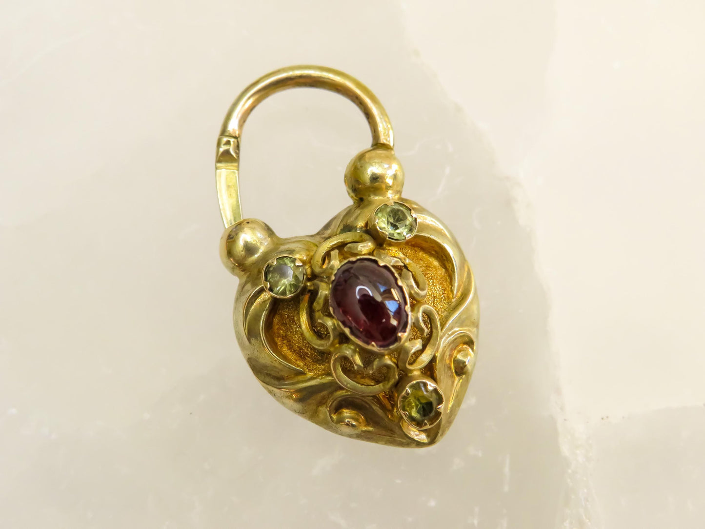 Antique 15K Gold Heart Padlock Locket with Garnet & Chrysoberyl Accents