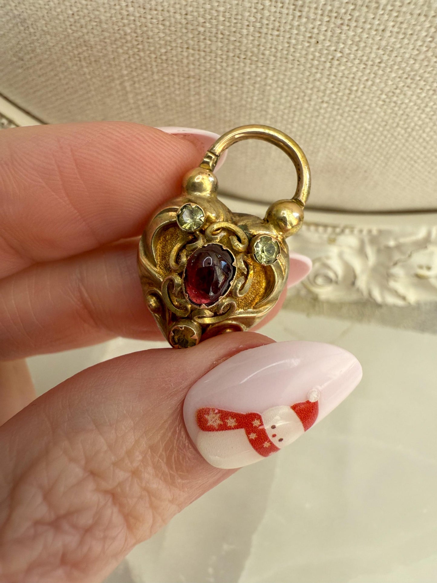 Antique 15K Gold Heart Padlock Locket with Garnet & Chrysoberyl Accents