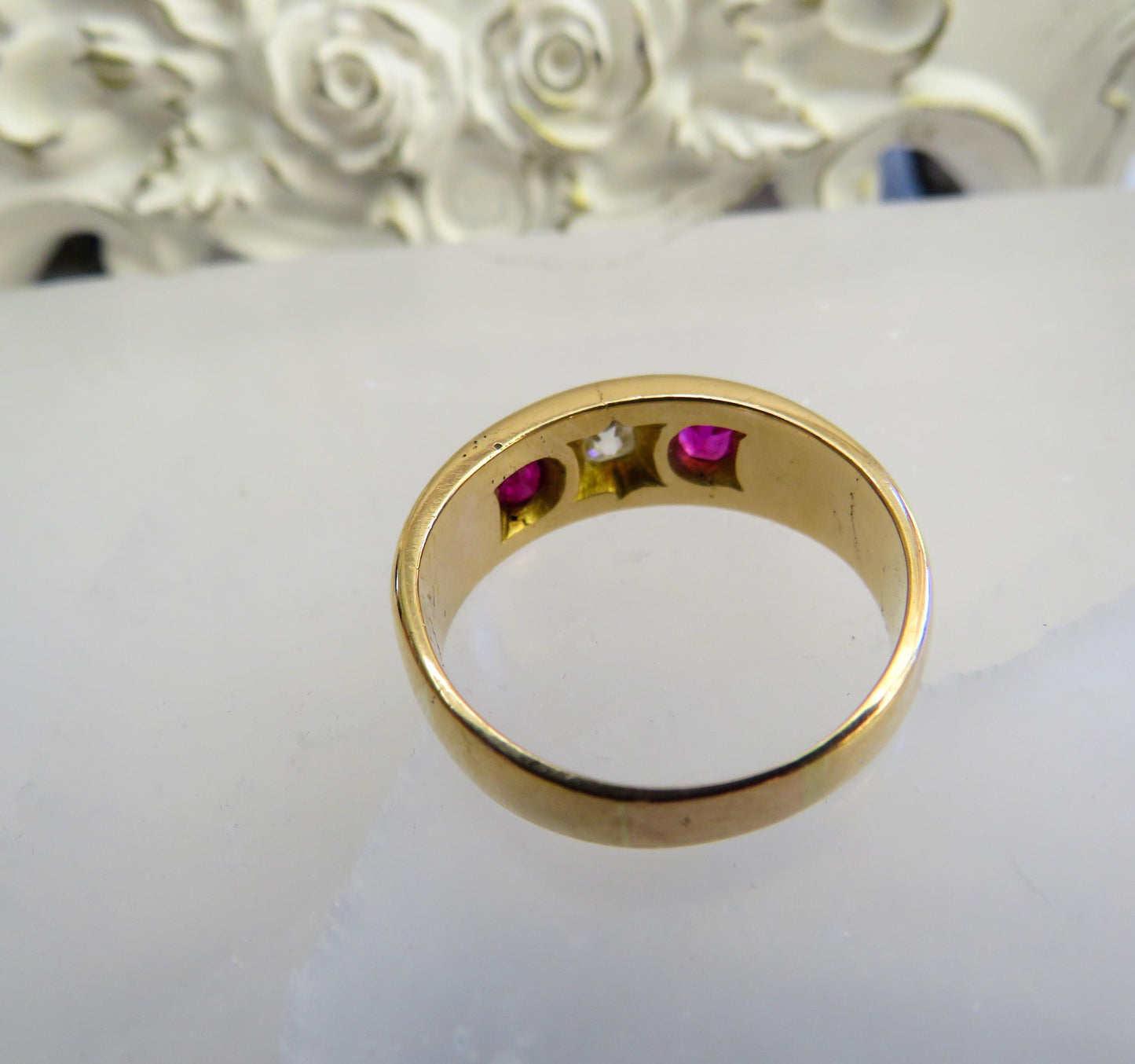 Antique 18K Gold Old Mine Cut Diamond & Ruby Trilogy Ring