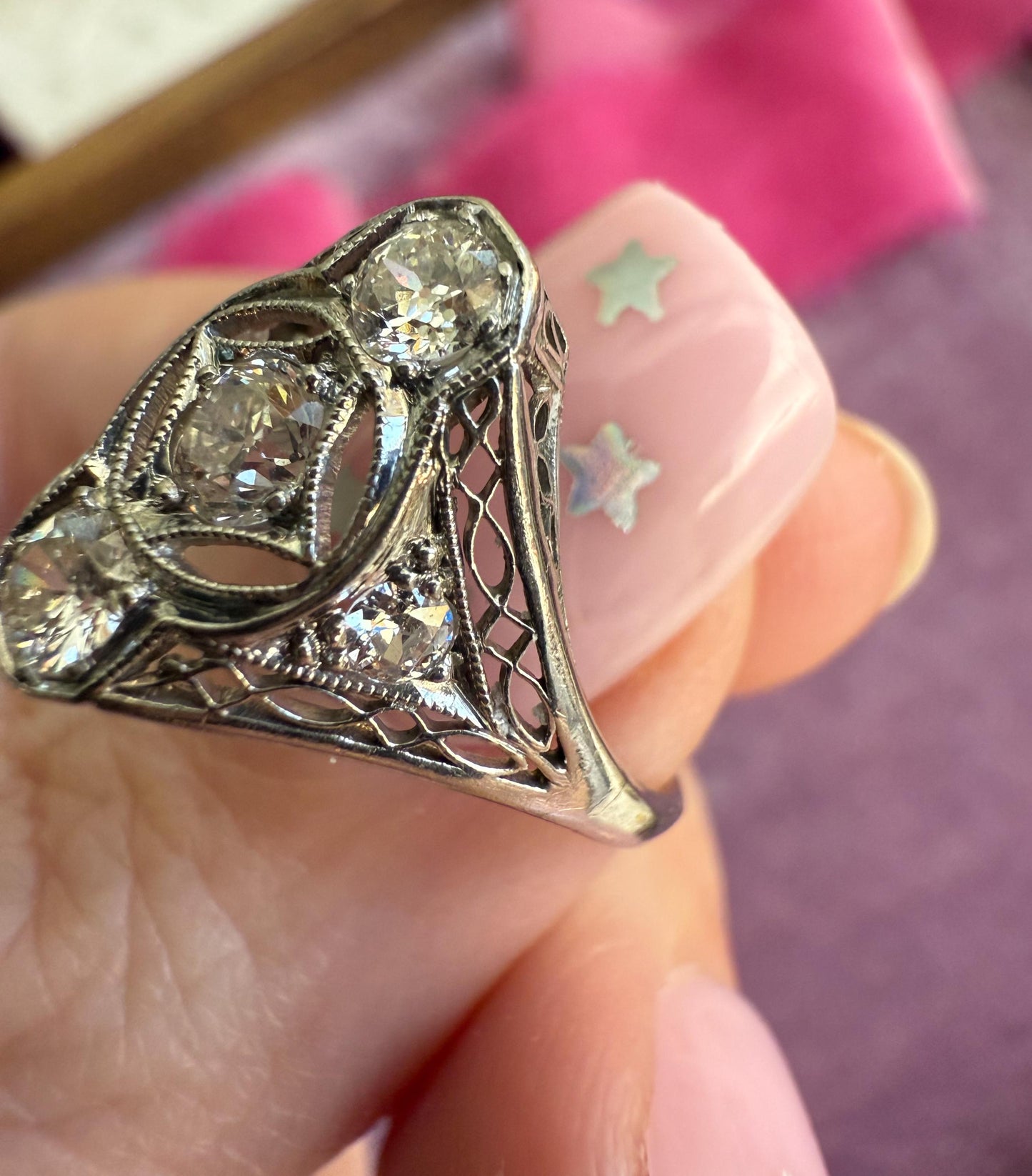 Platinum Art Deco Filigree Ring with Old European Cut Diamonds