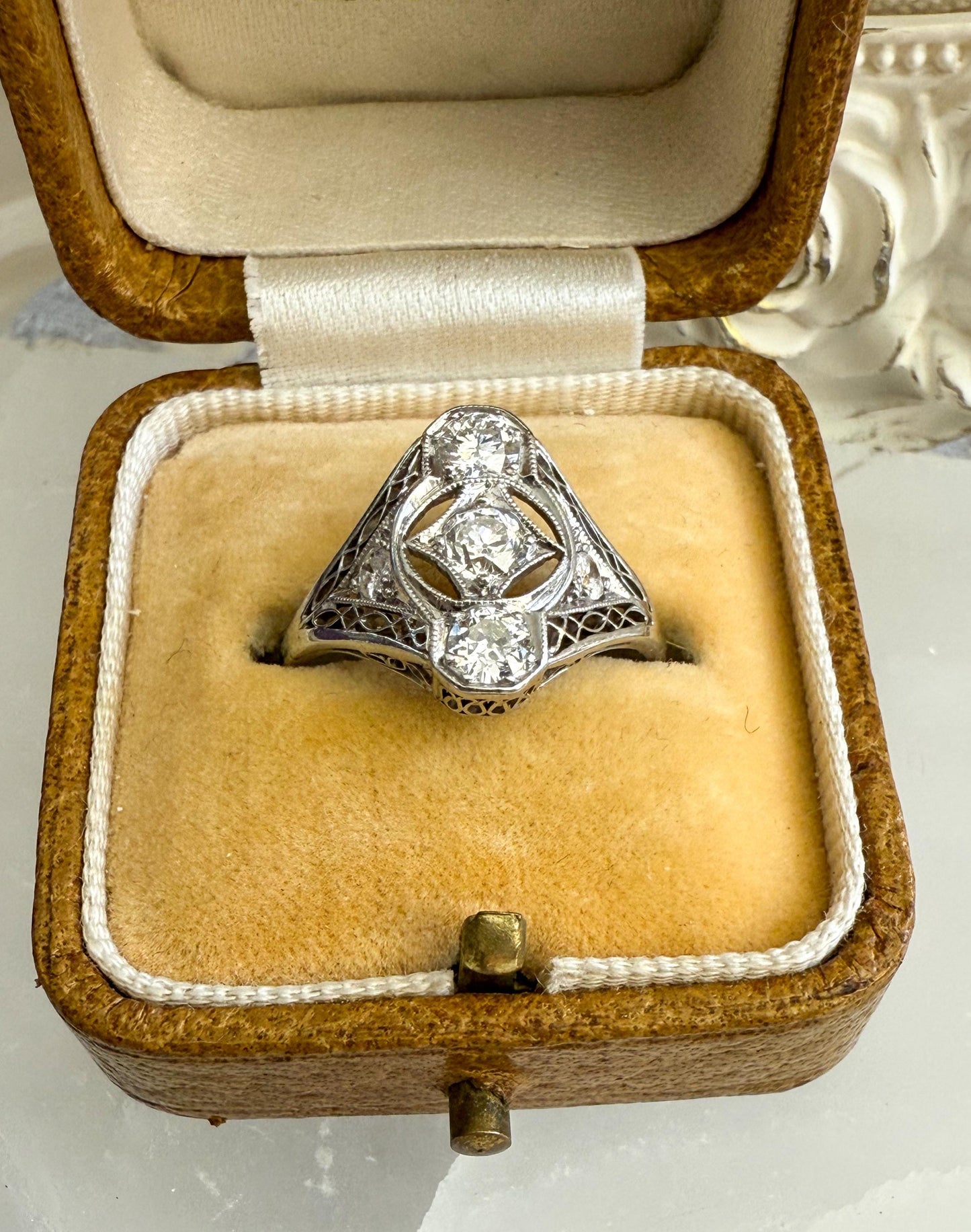 Platinum Art Deco Filigree Ring with Old European Cut Diamonds