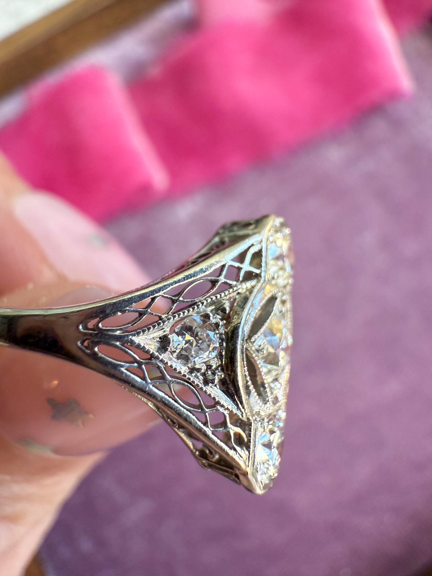 Platinum Art Deco Filigree Ring with Old European Cut Diamonds