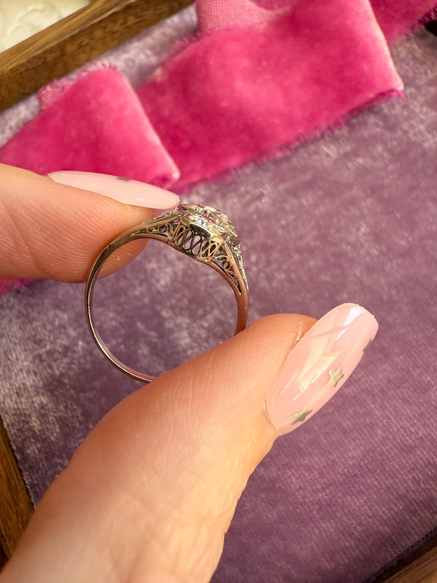 Platinum Art Deco Filigree Ring with Old European Cut Diamonds