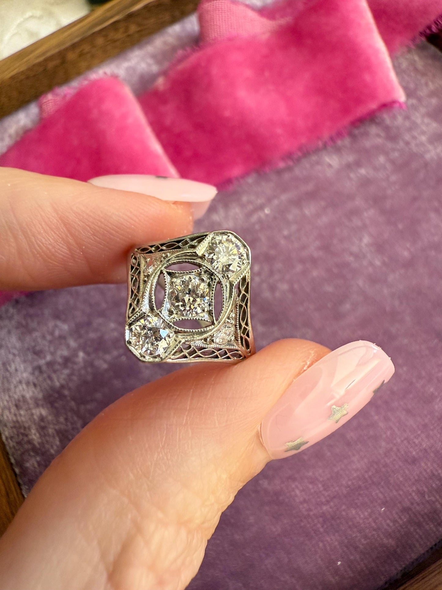 Platinum Art Deco Filigree Ring with Old European Cut Diamonds