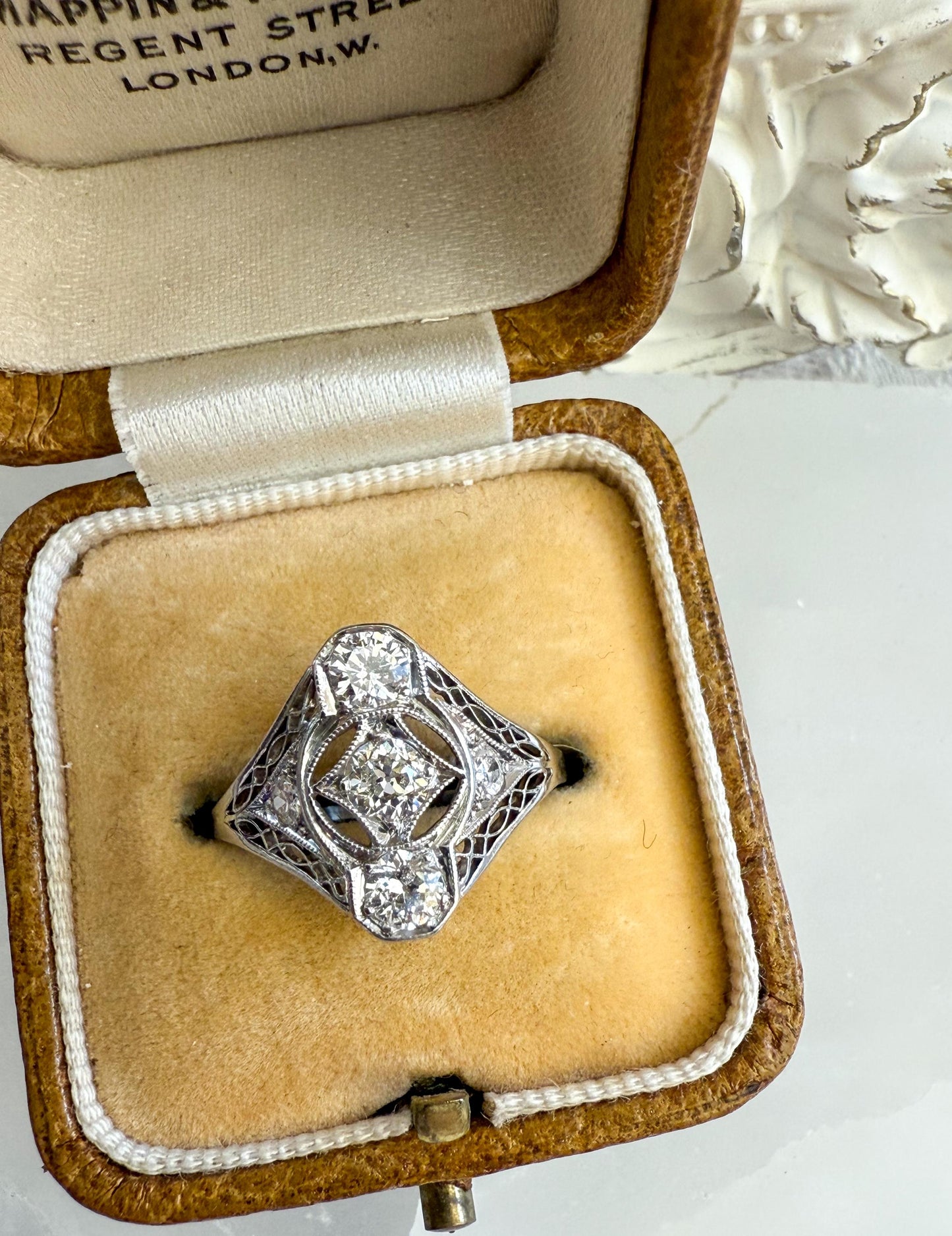 Platinum Art Deco Filigree Ring with Old European Cut Diamonds