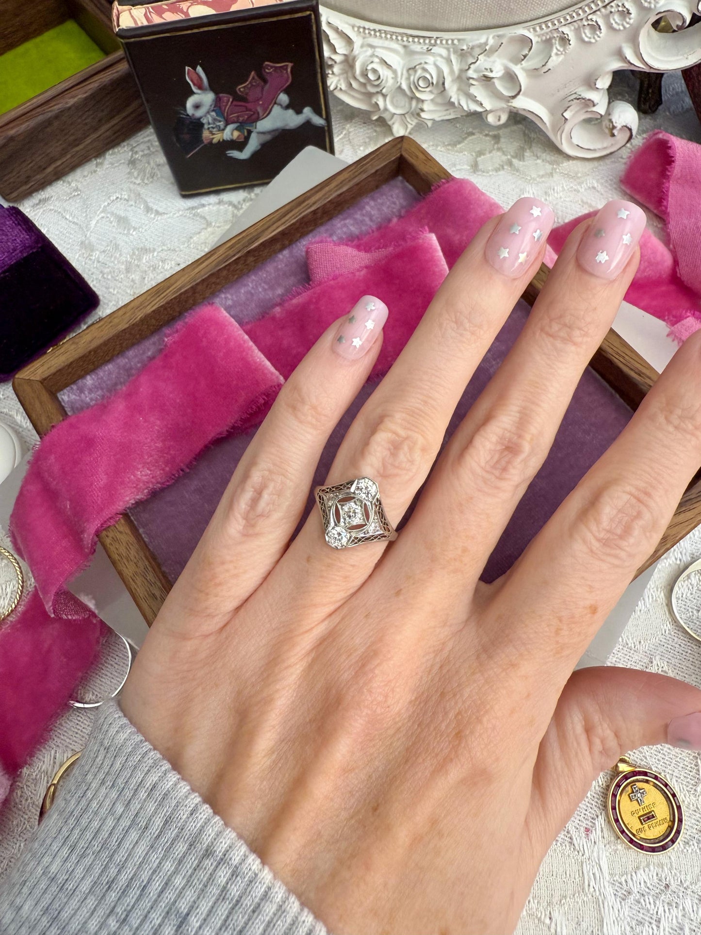 Platinum Art Deco Filigree Ring with Old European Cut Diamonds