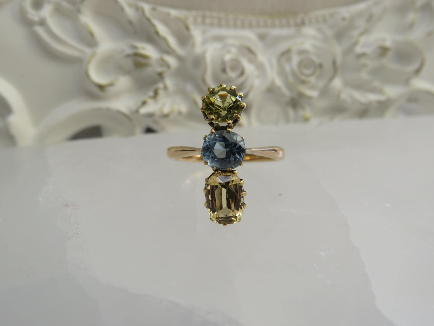 Antique Three-Stone Topaz & Heliodor Ring in 15K Gold