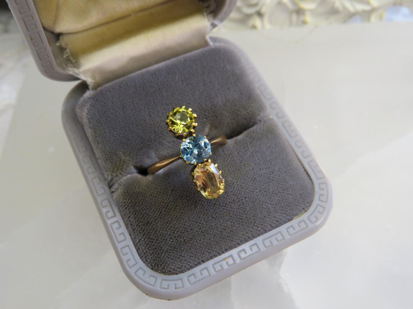 Antique Three-Stone Topaz & Heliodor Ring in 15K Gold