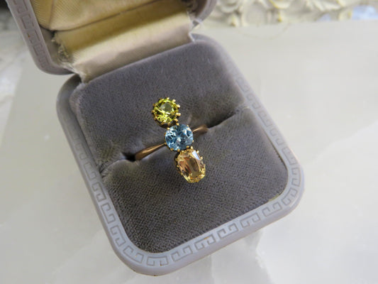 Antique Three-Stone Topaz & Heliodor Ring in 15K Gold