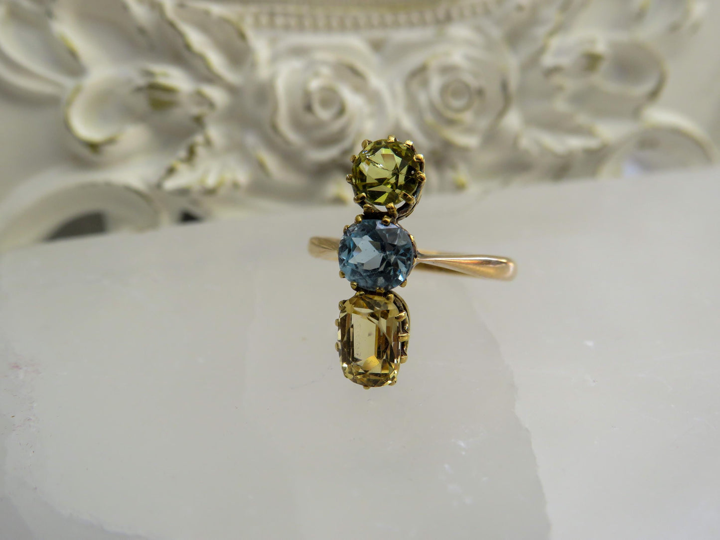 Antique Three-Stone Topaz & Heliodor Ring in 15K Gold