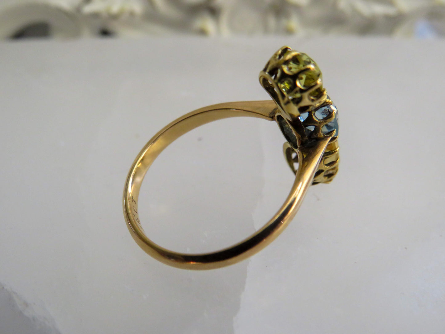 Antique Three-Stone Topaz & Heliodor Ring in 15K Gold