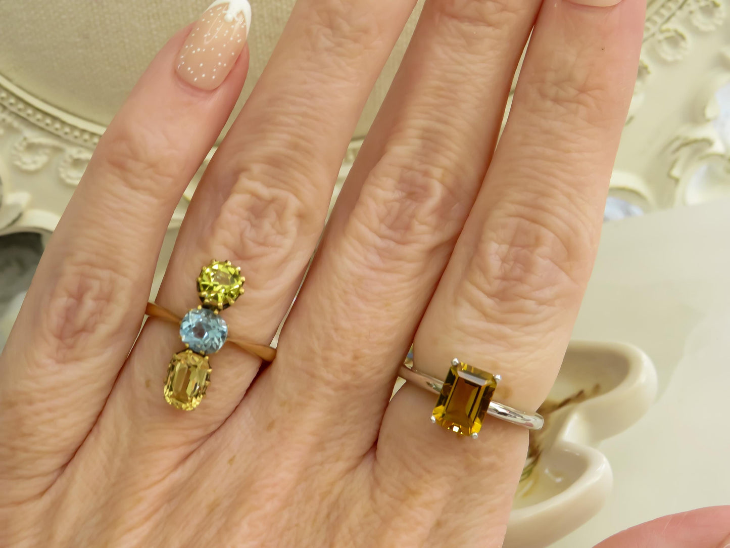 Antique Three-Stone Topaz & Heliodor Ring in 15K Gold