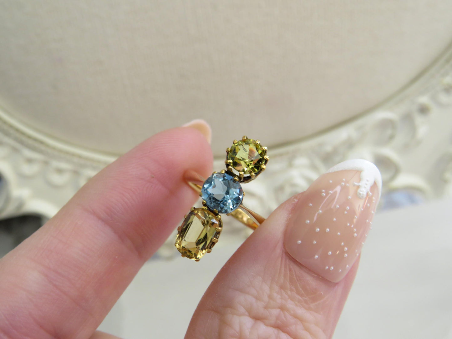 Antique Three-Stone Topaz & Heliodor Ring in 15K Gold