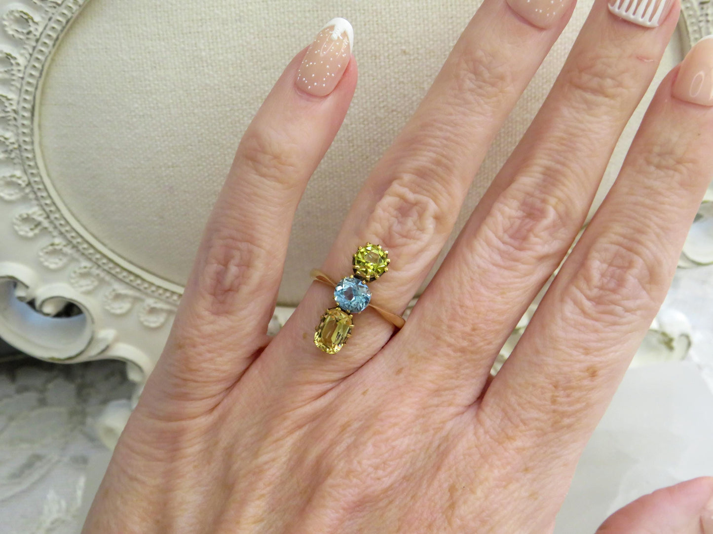 Antique Three-Stone Topaz & Heliodor Ring in 15K Gold