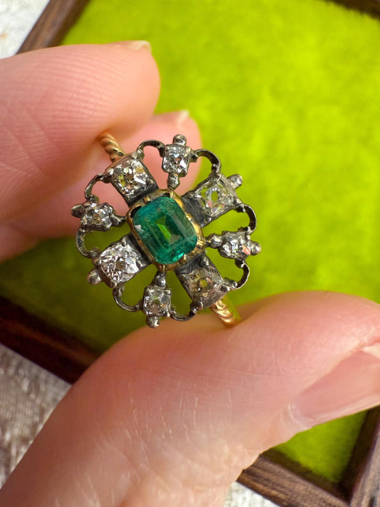 Victorian Emerald and Diamond Stickpin Conversion Ring in Rare Larger Size