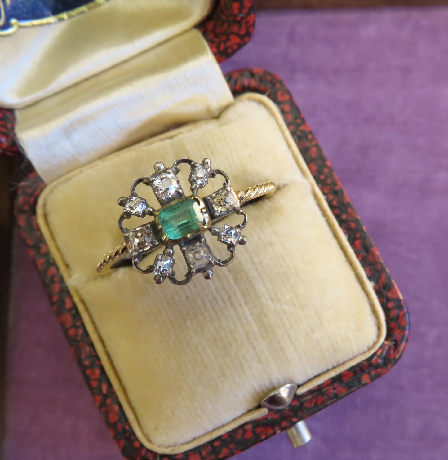 Victorian Emerald and Diamond Stickpin Conversion Ring in Rare Larger Size