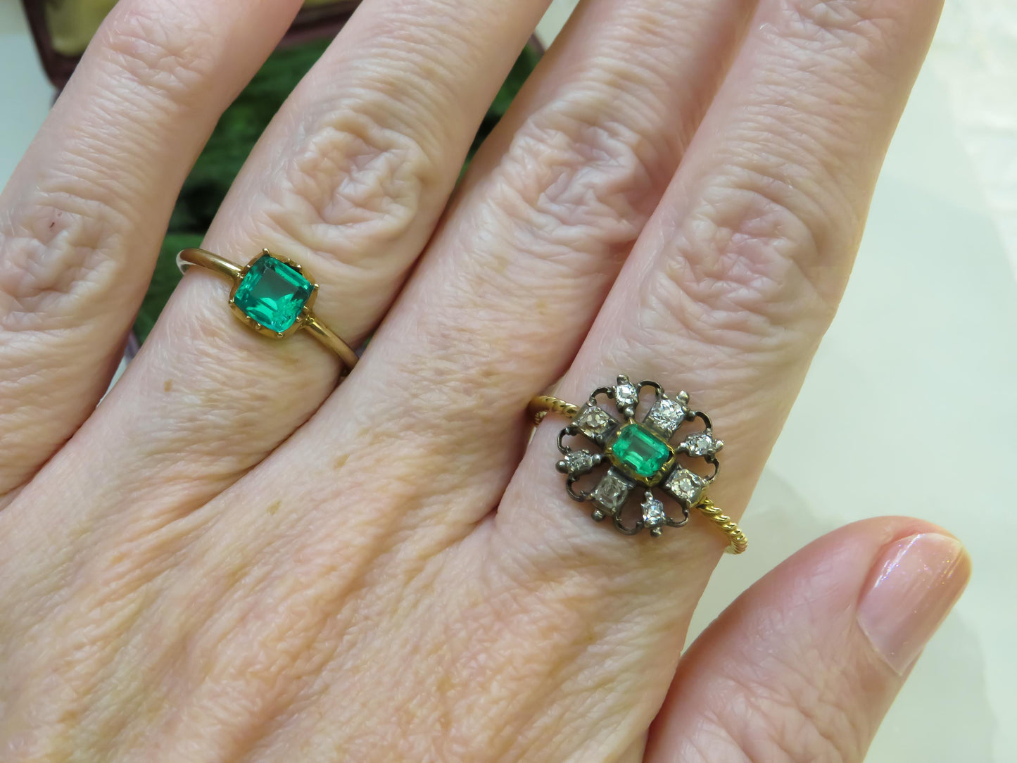Victorian Emerald and Diamond Stickpin Conversion Ring in Rare Larger Size