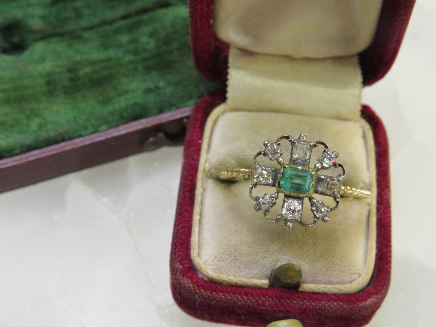 Victorian Emerald and Diamond Stickpin Conversion Ring in Rare Larger Size