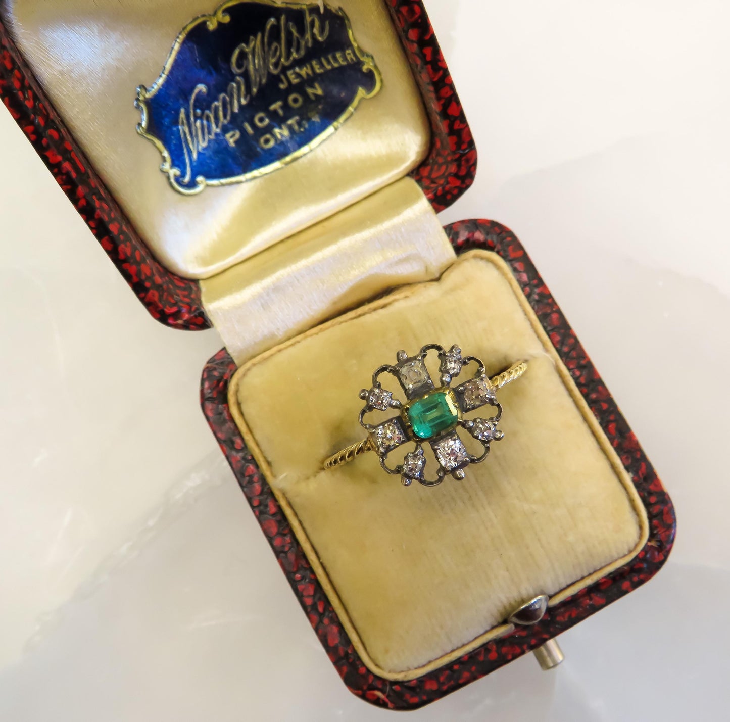 Victorian Emerald and Diamond Stickpin Conversion Ring in Rare Larger Size