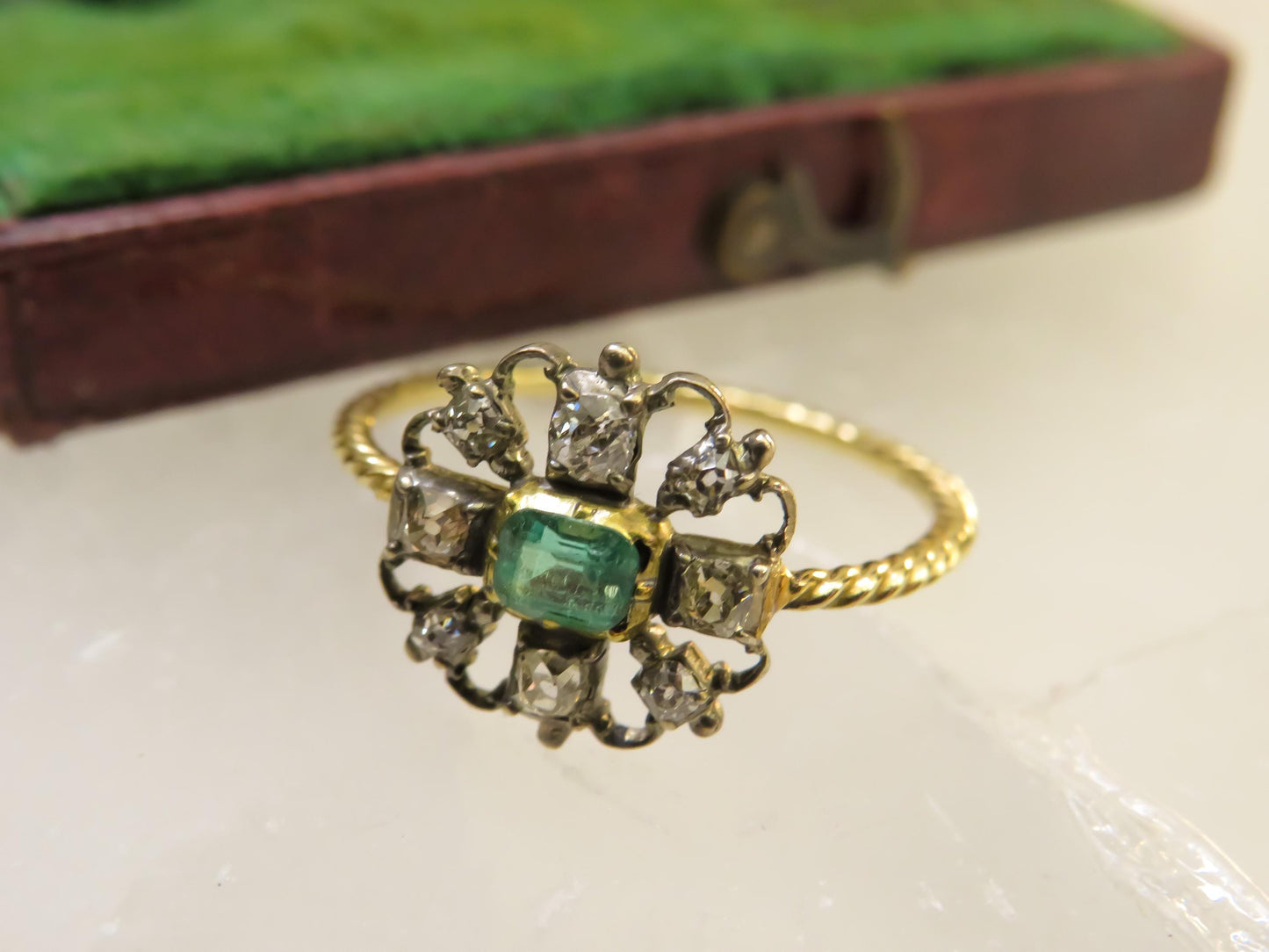 Victorian Emerald and Diamond Stickpin Conversion Ring in Rare Larger Size