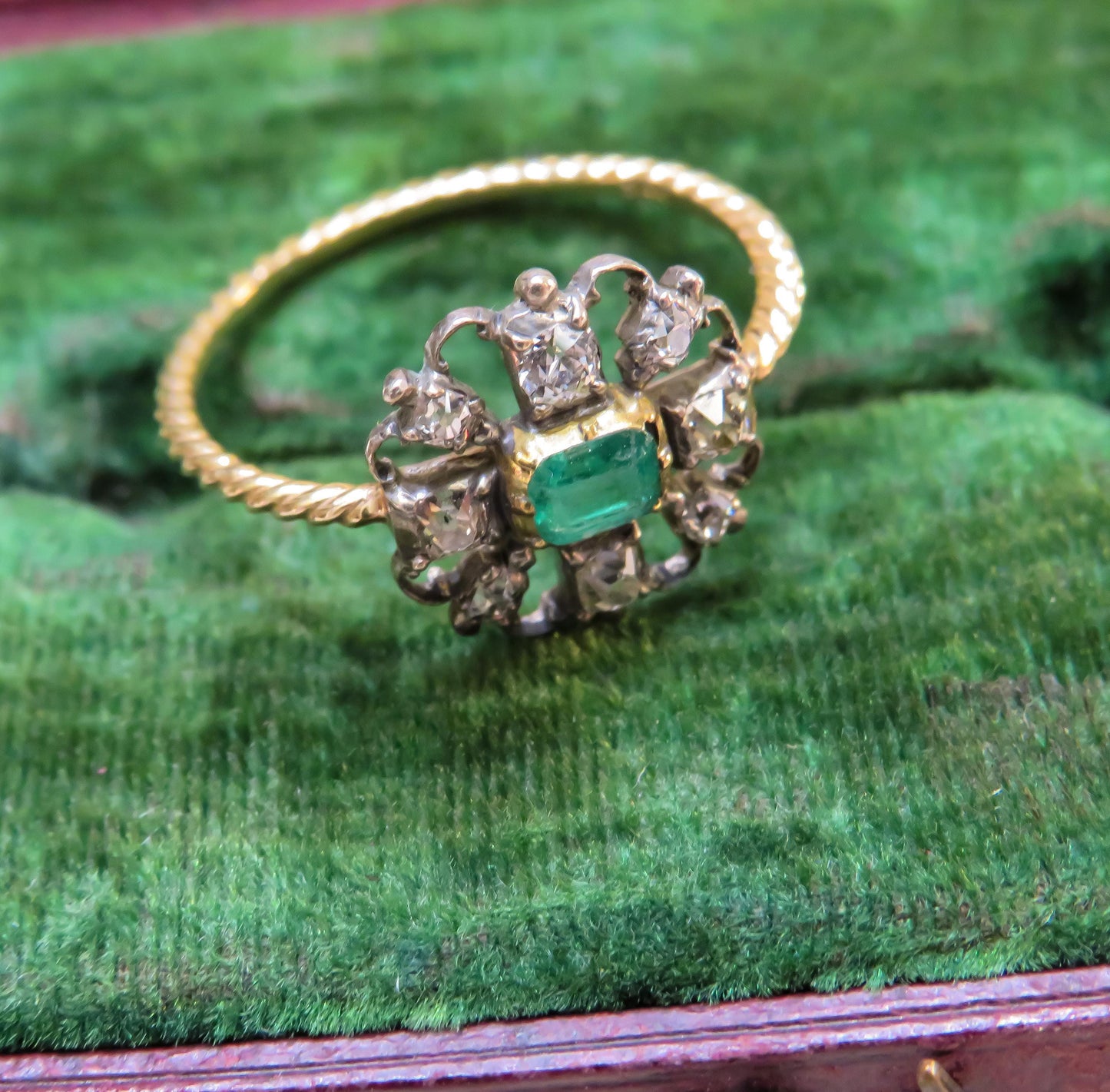 Victorian Emerald and Diamond Stickpin Conversion Ring in Rare Larger Size