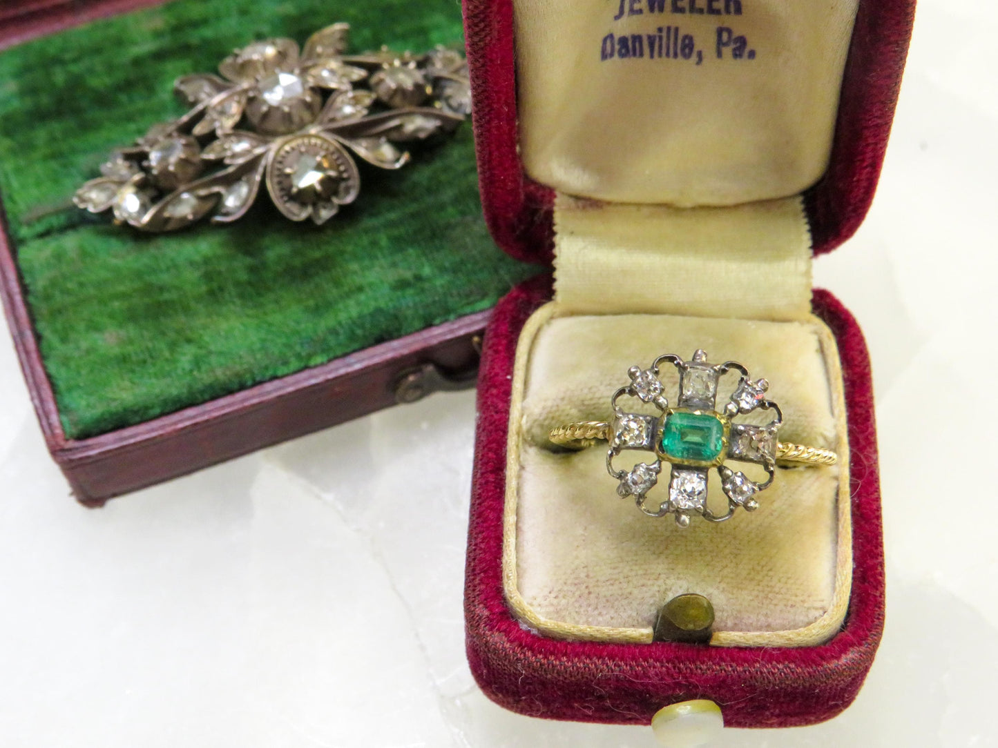 Victorian Emerald and Diamond Stickpin Conversion Ring in Rare Larger Size