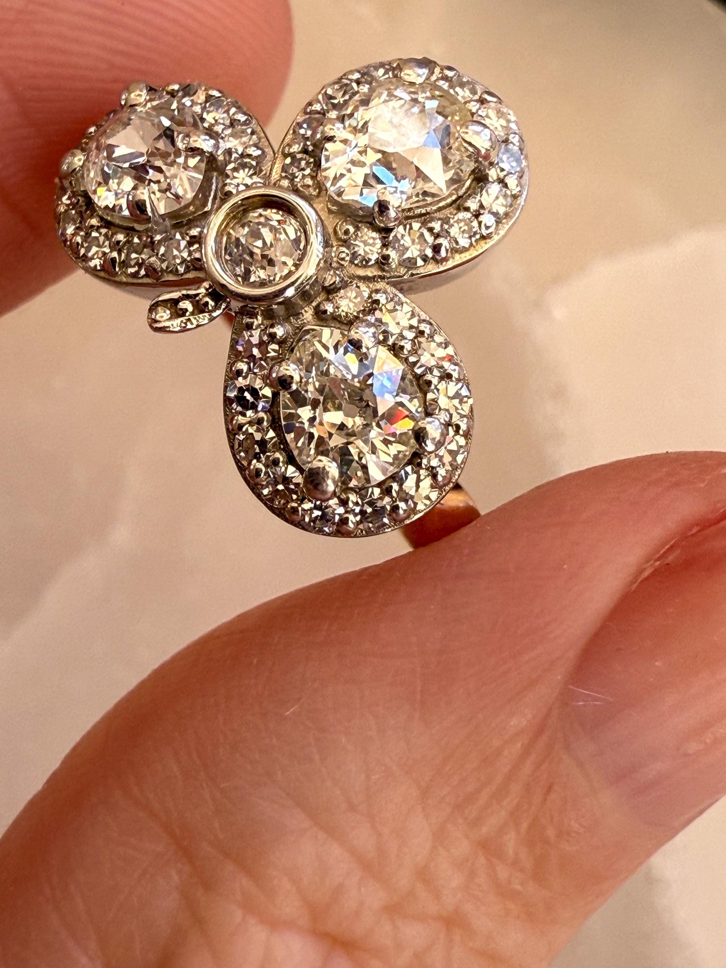 Antique Diamond Cluster Ring  Reconstructed Setting with Original Old-Cut Diamonds | 14K & Platinum