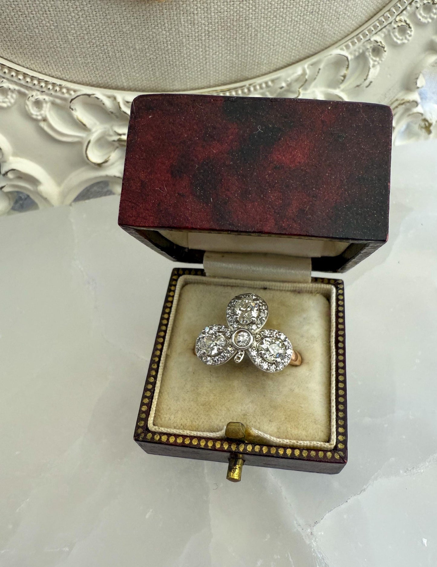 Antique Diamond Cluster Ring  Reconstructed Setting with Original Old-Cut Diamonds | 14K & Platinum