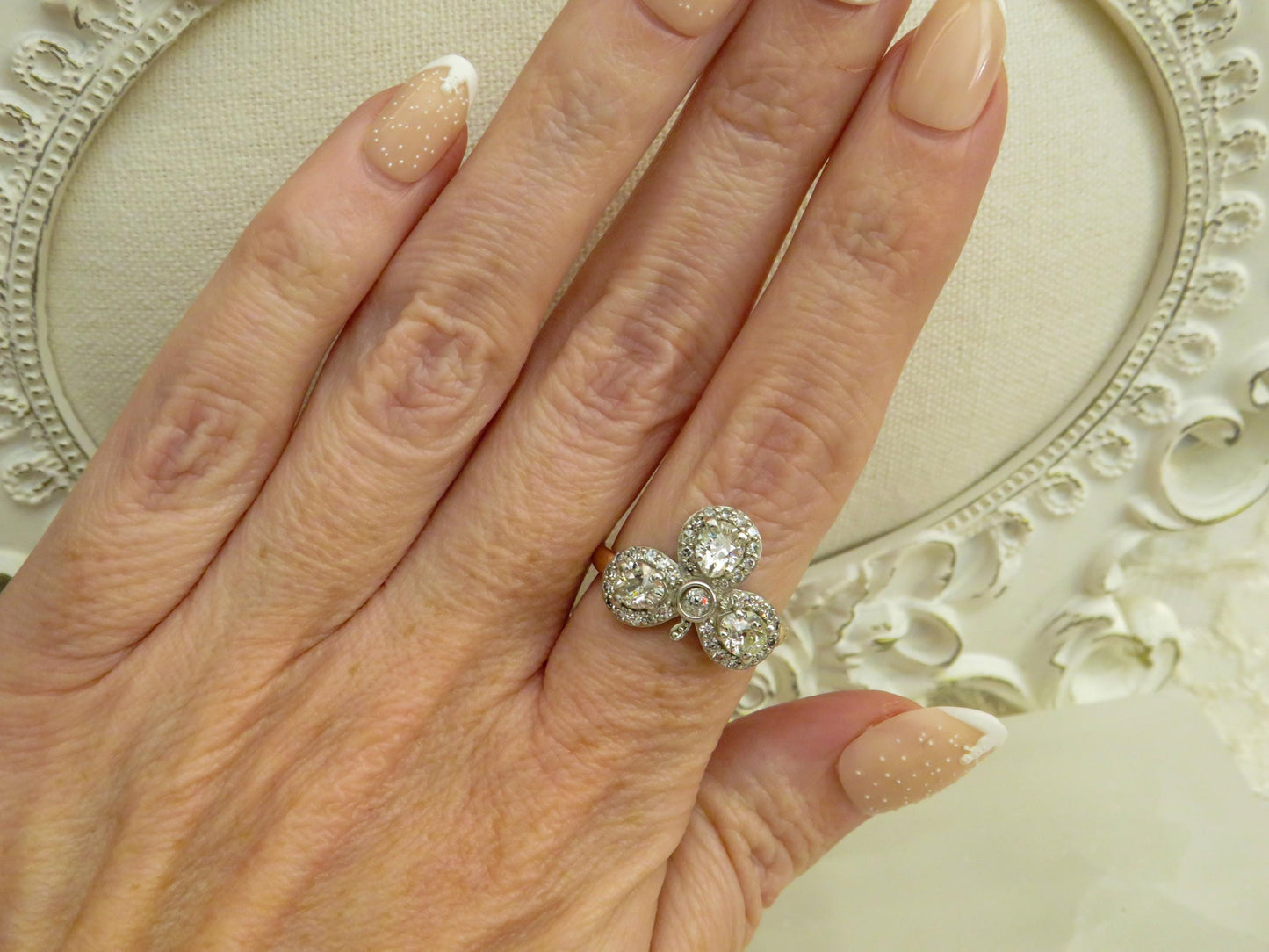 Antique Diamond Cluster Ring  Reconstructed Setting with Original Old-Cut Diamonds | 14K & Platinum