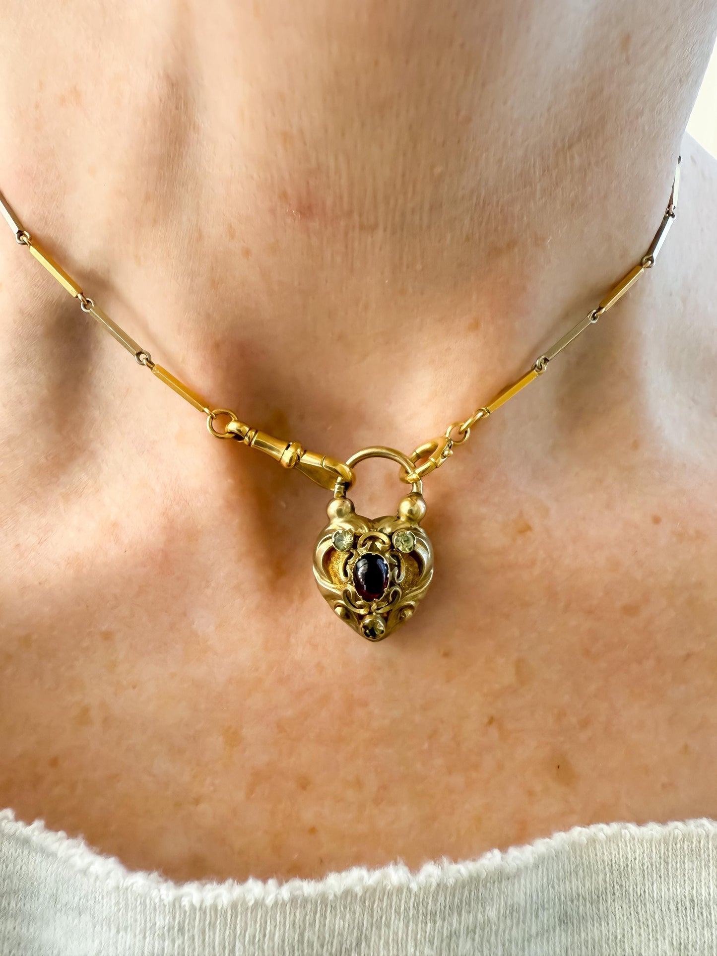 Antique 15K Gold Heart Padlock Locket with Garnet & Chrysoberyl Accents