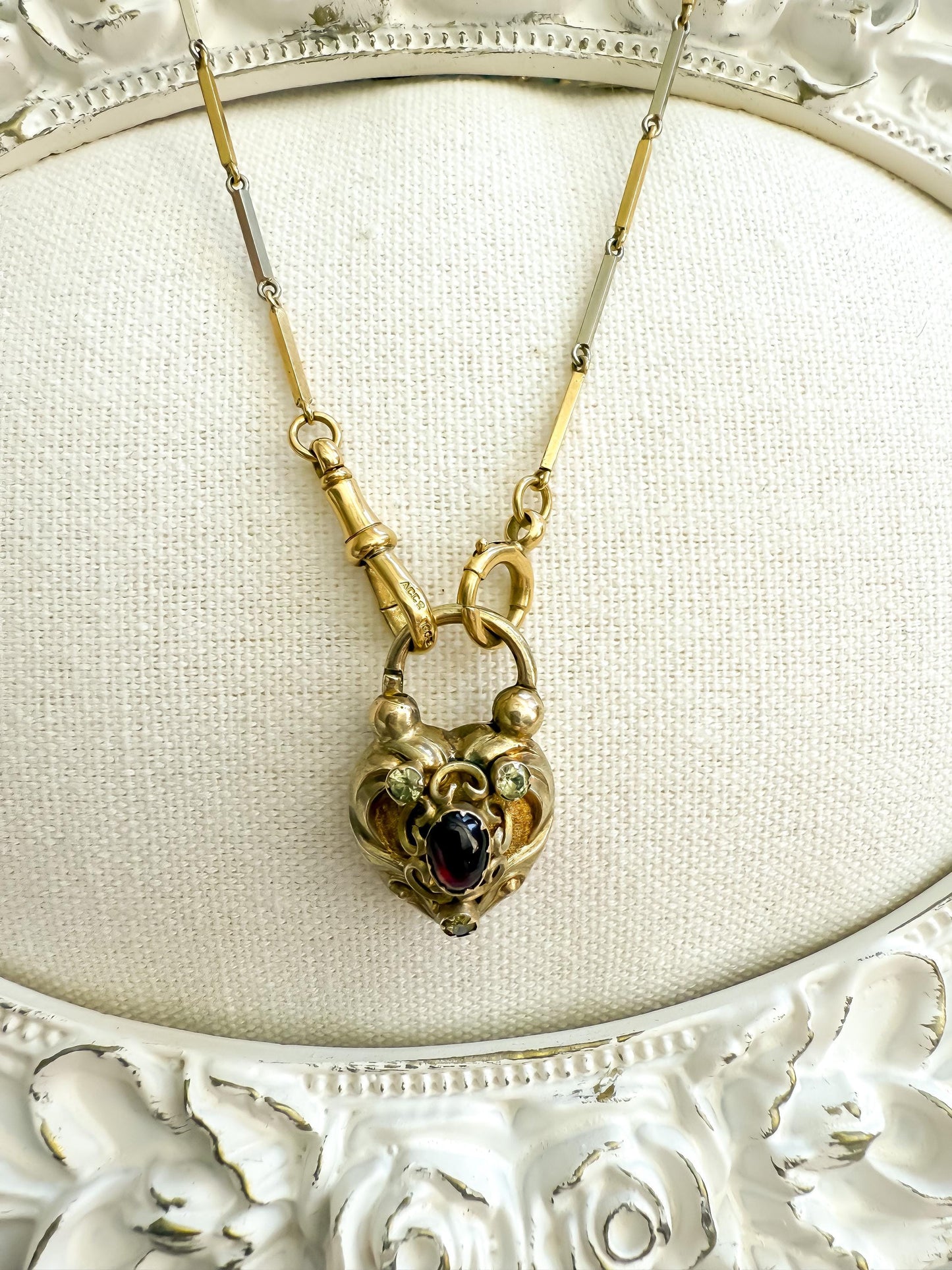 Antique 15K Gold Heart Padlock Locket with Garnet & Chrysoberyl Accents