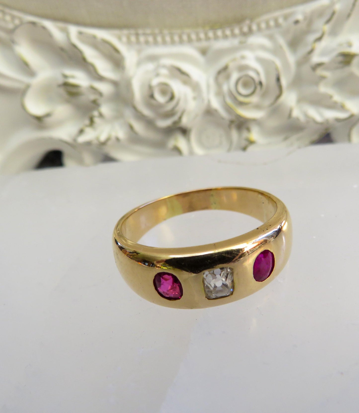Antique 18K Gold Old Mine Cut Diamond & Ruby Trilogy Ring