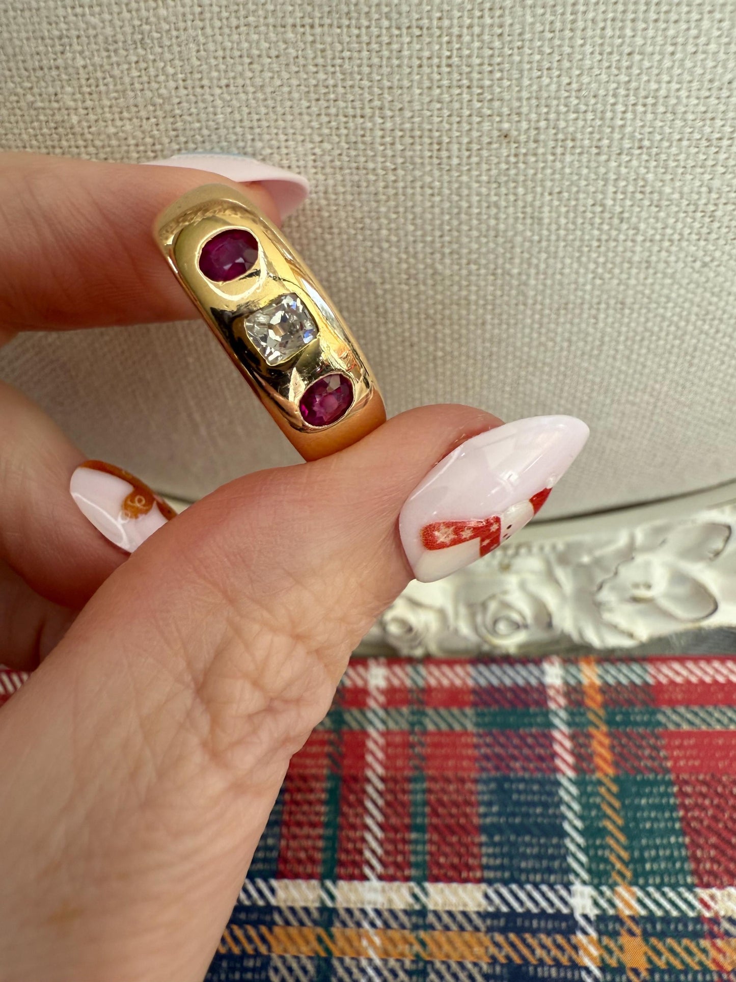 Antique 18K Gold Old Mine Cut Diamond & Ruby Trilogy Ring