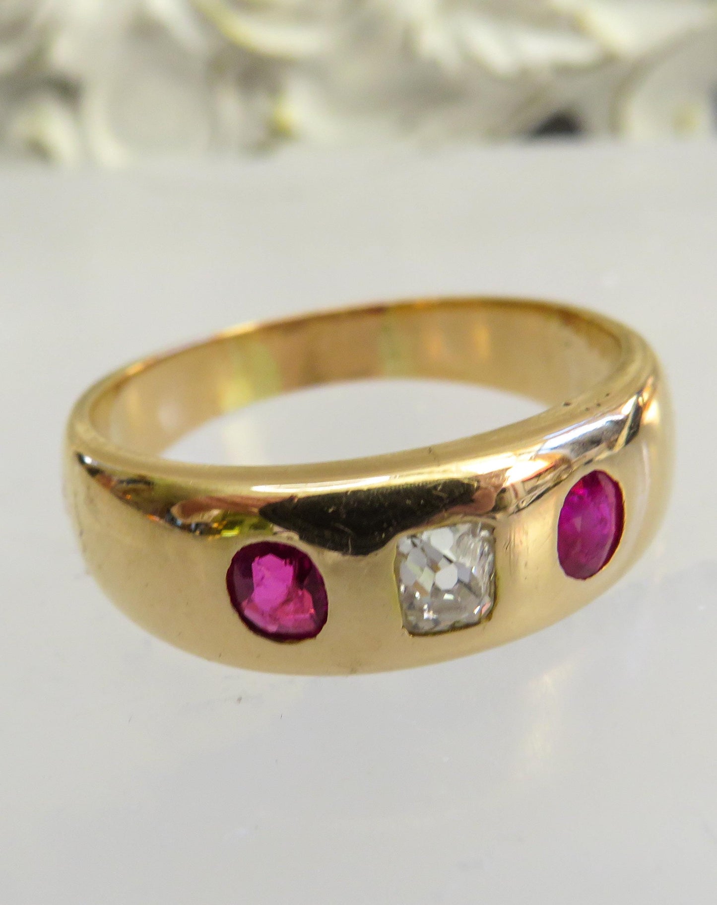 Antique 18K Gold Old Mine Cut Diamond & Ruby Trilogy Ring